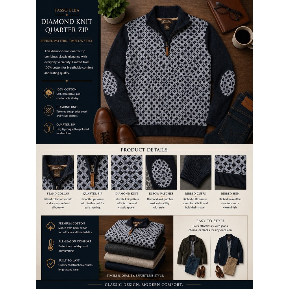 Tasso Elba Mens XL Quarter Zip Cotton Sweater Geometric Diamond Elbow Patches